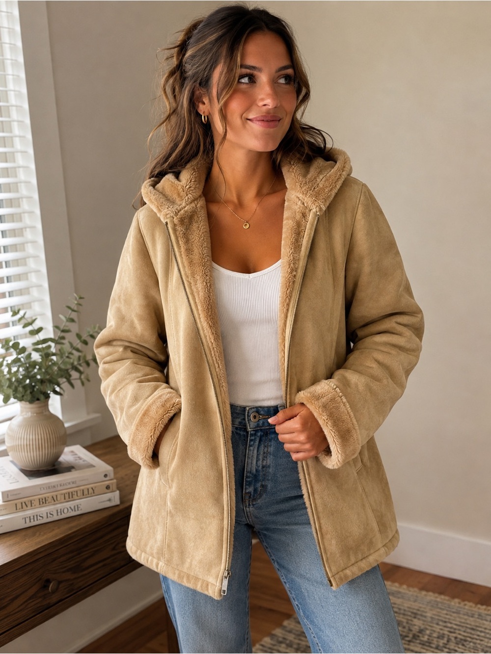 Marvin Richards Plush-Lined Hooded Teddy Jacket in Tan